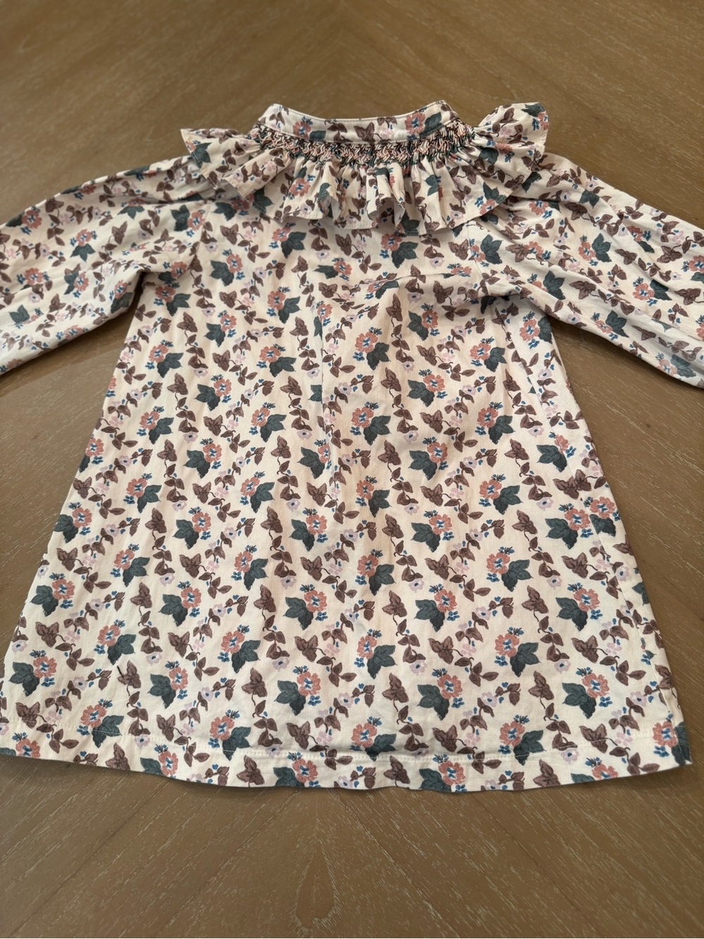 Sun House Children’s Ruffle Neck Dress - Cream with Blue & Brown Floral Print